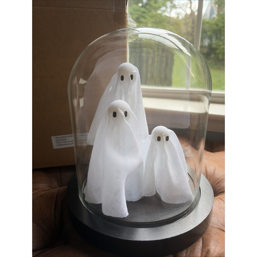 POTTERY BARN Handcrafted Trio Lit Ghost Dome Cloche Light Up 3 Ghosts NEW BOX